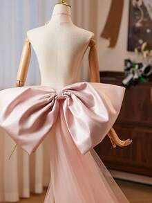 European And American Style Bridal Wedding Dress, Forest-Inspired, Detachable Large Bow And Tulle Train At Back - Pink - View 5