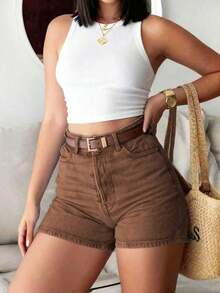 Cute Boho Style Straight Leg Denim Shorts, Medium Stretch, Button Pockets, Suitable For Women Casual Summer - Brown - View 2