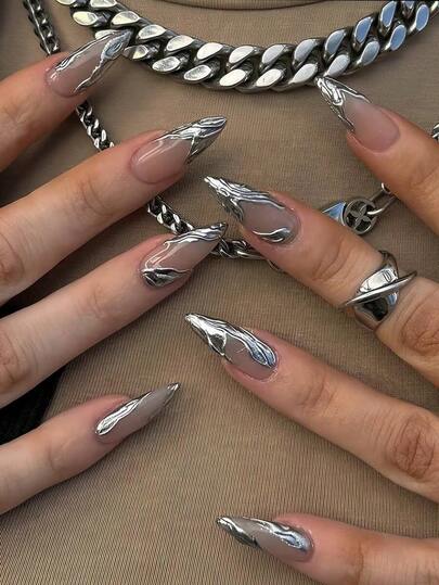 24pcs Y2K Style Modern Minimalist Daily Punk Street Personalized Retro Mechanical 3D Wavy Decorative Silver French Almond Shaped Nail Stickers, Suitable Women And Girls Nails Nail Supplies