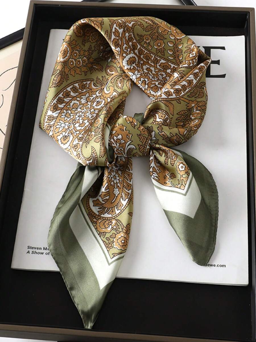 1pc Bohemian Style Colorful Paisley Pattern 27.5"X27.5" Silk Scarf, Unisex Fashion Design, Suitable For Daily Wear,Holiday,Travel - Green - View 1