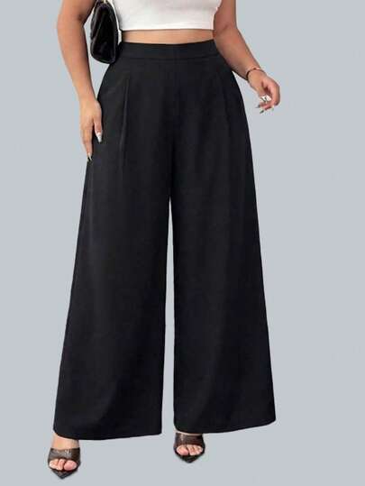 1pc Solid Color Woven Fabric Pocket Plus Size Women Casual Wide Leg Pants, Suitable For Home, Daily Wear, Office, Spring/Summer Black