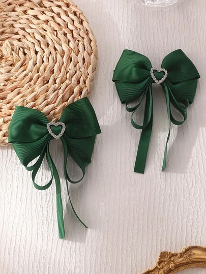 2 件套甜美蝴蝶结发夹，绿色，时尚配饰，适合女孩日常、上学、度假佩戴