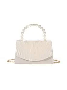 Elegant Lady's Mini Apricot Solid Satin Pleated Pearl Handbag For Party And Wedding - Apricot - View 3