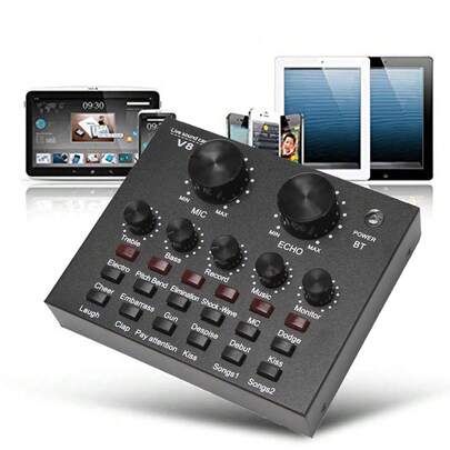 Bộ thiết bị âm thanh V8 đầy đủ, bao gồm điện thoại di động, máy tính xách tay, máy tính bảng, thiết bị thu âm KTV, hát karaoke, máy tính di động, giá đỡ cần gạt đa năng, lưới chống bắn tóe, tụ điện, micro phòng thu âm.