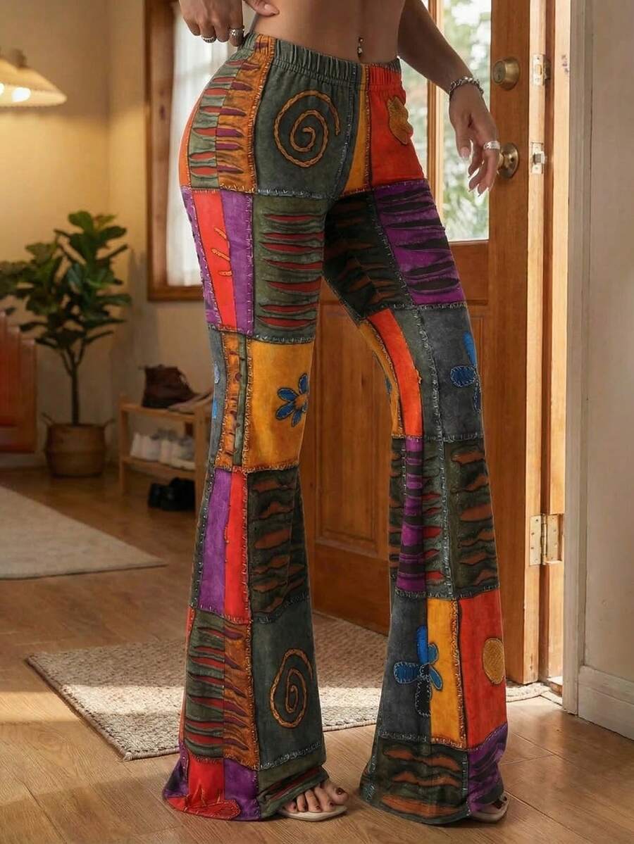 Pantalon évasé à imprimé bohème aléatoire pour préadolescentes, pantalon décontracté vintage hippie à taille élastique, tenue de rue rétro décontractée Y2K - Multicolore - Voir 1