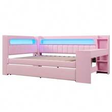 Upholstered Daybed 140x200 Cm With USB Ports And LED Strip, Pull-Out Bed And Desk, Pink - Pink - View 7