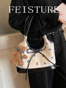 1pc Bow Print Women's Shoulder Bag, Fashionable Underarm Bucket Bag, Suitable For Daily Outing, Dating, Commuting - White - View 7