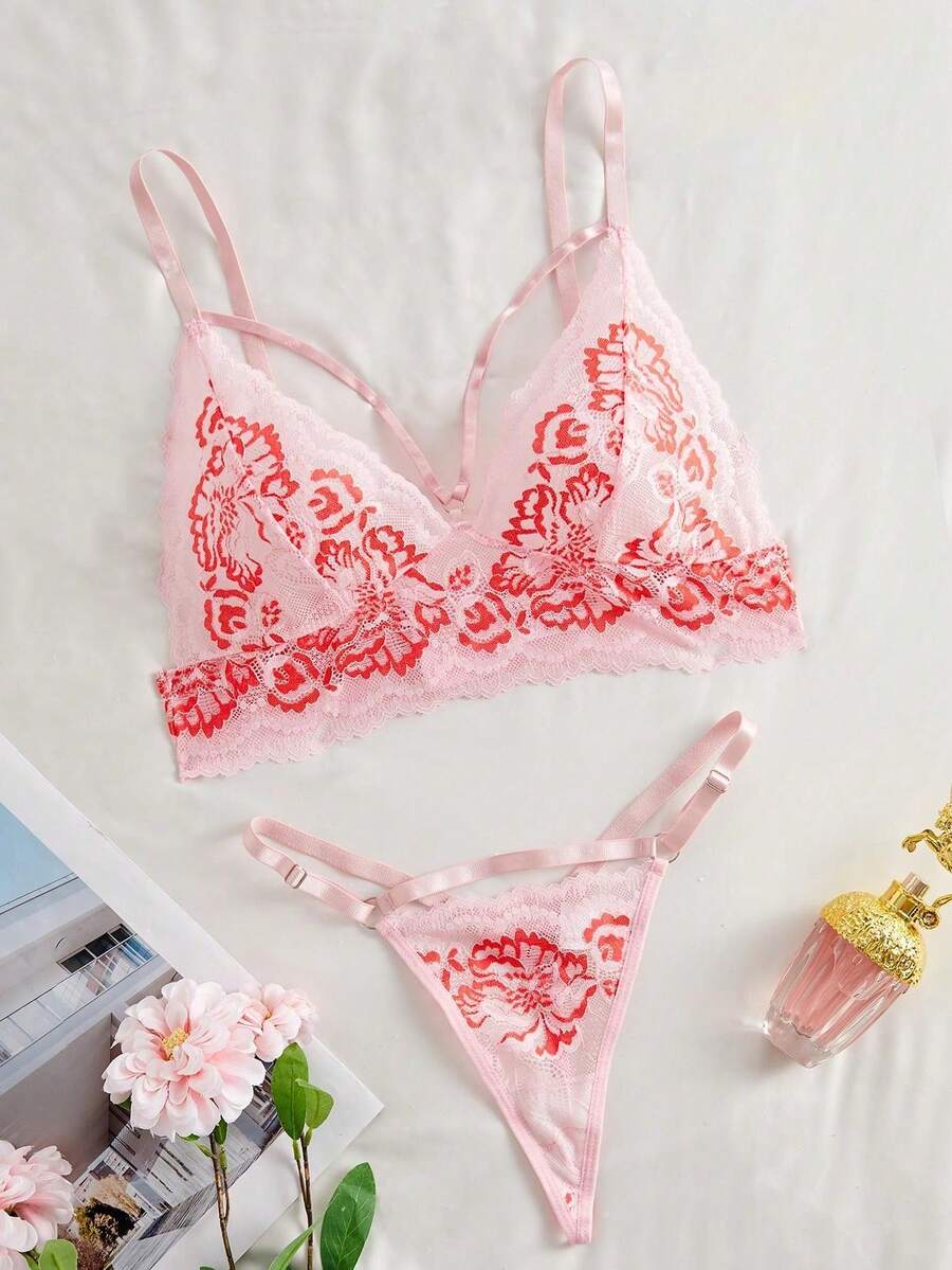 Bộ đồ lót ren phối màu Pháp, áo ngực không gọng kiểu tam giác dây chéo, quần lót dây mảnh gợi cảm dành cho nữ. - Hồng - Xem 1
