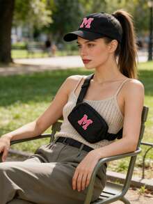 2pcs/Set Women's Personalized A-Z Letter Messy Ponytail Baseball Cap And Crossbody Bag Set, Adjustable Strap And Multi-Functional Crossbody Bag For Phone And Coins, Suitable For Outdoor, Vacation, Street Wear - Black - View 3