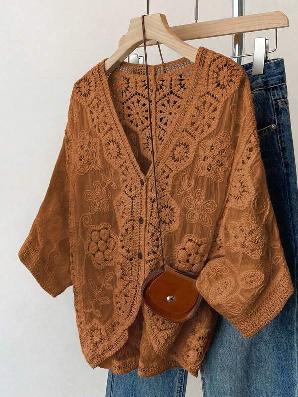 JIANHU Petite Boho Crochet Cardigan - Romantic Floral & Geometric Lace Cover-Up For Vacation & Daily Wear Lightweight V-Neck Button-Up Knit Spring