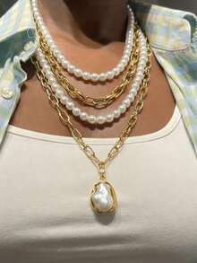 4pcs Elegant Exaggerated Asymmetric Pearl Necklace With Geometric Chain, Suitable For Women's Daily Wear, Vacation, Party, Date, And Photo Shoot - Yellow Gold - View 5