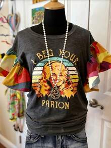 1Pcs Women's Vintage " Beg Your Parton" Graphic T-Shirt, Colorful Geometric  Ruffle Sleeve Casual Summer Top, Side Shirring,Retro Country Music Inspired Tee,Boho Wwomen's Clothing - Xám - Xem 2
