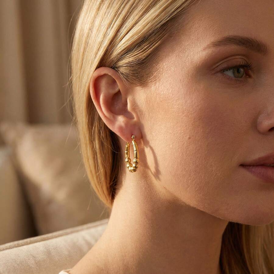 Elegant Bamboo Hoop Earrings, Versatile Jewelry, Gold Stainless Steel Metal, Minimalist Style Suitable For Women's Daily Wear, Office, Dinner, Party, Pool, Gala, Great Gift For Valentine's Day, Mother's Day - Gold - View 1