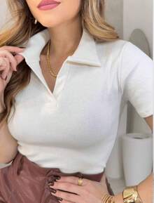 Women's Polo Shirt, Basic, Casual, Social, Work, Ribbed Cotton, Short Sleeves, Summer, Everyday, Elegant - 白色 - 查看 2