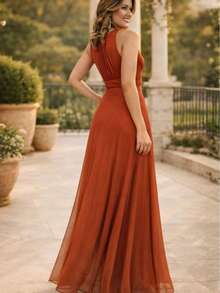 Long Party Dress With Chic Luxurious Terracotta Scarf. - Naranja Quemada - Ver 3