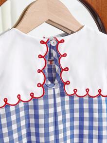 Girls' Summer Blue And White Checkered Sundress With A Large Wavy White Embroidered Collar, Red Satin Bow On The Front, Loose And Flowy Casual Fit - Blue - View 6