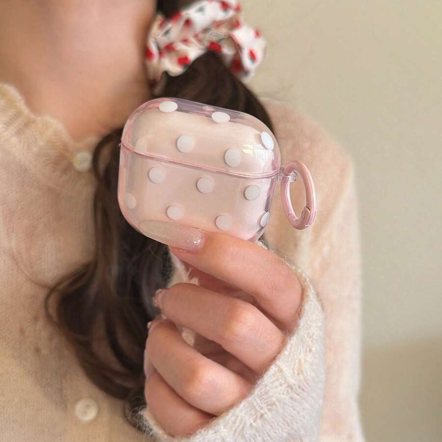 极简半透明粉色波点挂环耳机保护套，兼容 Pro 3、新款 Pro 2、可爱 Apple 4 极简 3，个性化半耳机保护套，女士款