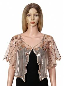 1pc Summer Lightweight Sequin Lace Shrug, Thin Beaded Shawl For Evening Gown - Multicolor - View 16
