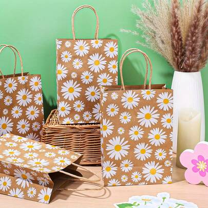 12个装雏菊图案牛皮纸礼品袋，带提手 - 棕色花卉设计，适用于春季派对、婚礼、生日和购物活动