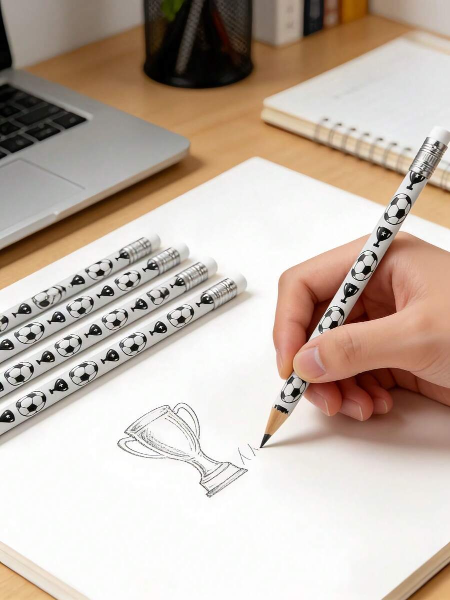 5/10支装足球主题铅笔和橡皮擦套装，配有运动主题橡皮擦，趣味木质铅笔套装，学习文具，返校必备，是足球主题生日派对的完美礼物 - 套裝 - 查看 1