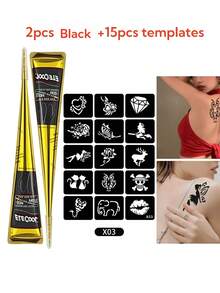 Colorful Henna Tattoo Kit - High Quality Multi-Color Henna Tattoos, 15 Reusable Random Templates | Pre-Mixed Natural Henna Dye For Temporary Body Art | Waterproof & Smudge-Proof, Long-Lasting | DIY Set For Beginners, Suitable For Parties, Festivals, Halloween, Weddings And Henna Nights,Sketch Style - Multicolor - View 14