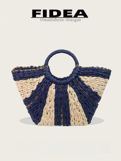 Túi tote tròn bằng rơm kiểu dáng mới mùa Xuân/Hè, thiết kế phối màu, dung tích lớn, phong cách nghỉ dưỡng, đa năng, chất liệu polyester, phù hợp cho sử dụng hàng ngày, đi làm, du lịch, túi xách thời trang dành cho nữ.
