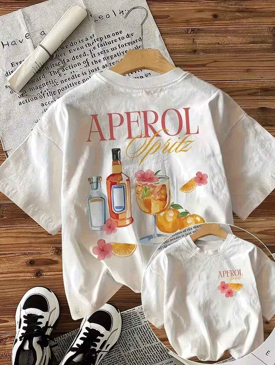 Illustration Style Aperol Cocktail Letter Print T-Shirt Casual Round Neck Women's Top - Trắng 5 - Xem 1