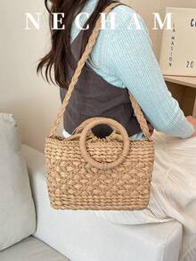 1pc Summer New Solid Color Straw Tote Bag, Simple Casual Large Capacity Shoulder Bag For Daily Use - Khaki - View 4