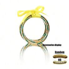 5pcs/Set Bohemian Style Gold & Mixed Color Silicone Bow Ribbon Jelly Bangle Bracelets, Multilayer Bracelets Suitable For Beach & Holiday Wear - Glitter Strips - View 7