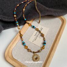 CPA-Stainless Steel Natural Stone Bead Sunflower Beaded Necklace New Style Vintage Clavicle Chain Light Luxury High-End Jewelry - 鈦鋼-金色. - 查看 5