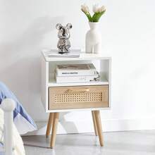 Rattan Side Table With Drawer And Solid Wood Legs, Modern Bedside Table, Side Table For Living Room, Bedroom, White - H55/W40/D30 Cm - White + Natural + Medium Density Fiberboard - View 8