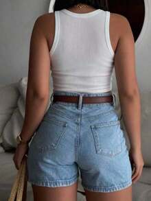 Cute Boho Style Straight Leg Denim Shorts, Medium Stretch, Button Pockets, Suitable For Women Casual Summer - Brown - View 11