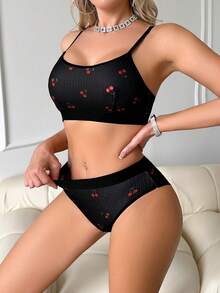 女士白色樱花图案无钢圈运动文胸内裤套装，舒适、甜美、活力四射、轻盈透气 - 黑色 - 查看 6