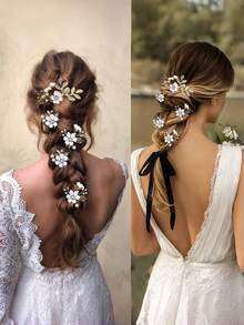 5pcs Elegant Bridal Wedding Crystal Metal Leaf Flower Hair Clips - Shiny Hair Accessories Suitable For Bride And Bridesmaids,Summer,Holiday,Travel, Bun Extension - Multicolor - View 2