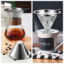 1pc Stainless Steel Double-Layer Coffee Filter, Silicone Handle Design, Easy To Clean, Reusable, Portable, For Filtering Coffee, Hot Drinks, Tea, Suitable For Home, Office, Restaurant - Silver - View 1