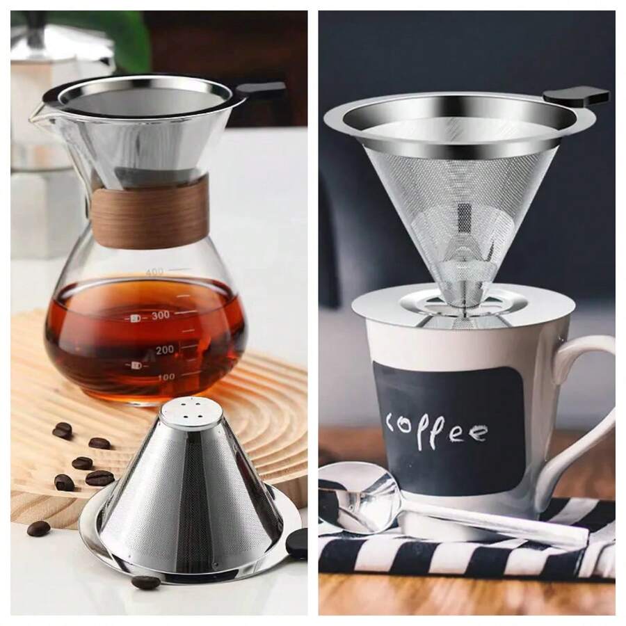 1pc Stainless Steel Double-Layer Coffee Filter, Silicone Handle Design, Easy To Clean, Reusable, Portable, For Filtering Coffee, Hot Drinks, Tea, Suitable For Home, Office, Restaurant - Silver - View 1