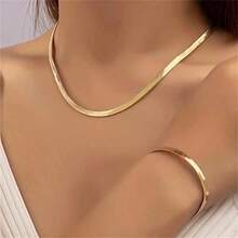 2 peças/Conjunto Colar e Pulseira Simples Dourado Banhado a Ouro com Corrente de Cobra Sexy para Mulheres, Material de Liga, Adequado para Uso Diário, Acessórios do Dia dos Namorados - Dourado - Visão 3