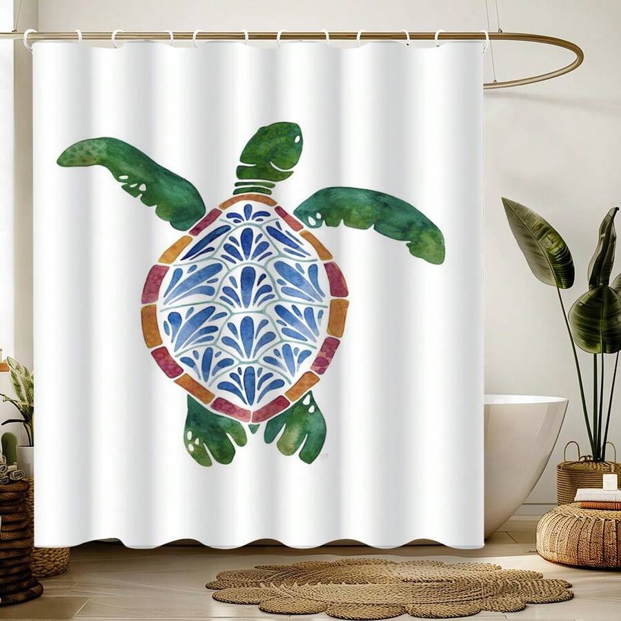 1pc Turtle Art Spring Style Shower Curtain, Painting-Like Modern Design, Unique Home Gift, Gift For Friends, Machine Washable, All-Season Use, Bathroom Decor - Multicolor - View 1