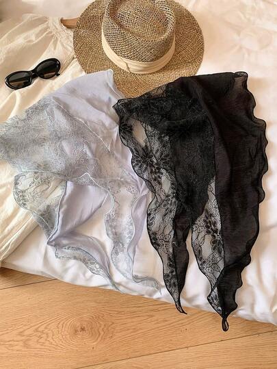 1PC Satin And Lace Patchwork Triangle Scarf – Lightweight Spring/Summer Neck Scarf For Women, Unique Floral Design, Can Be Used As A Pant Flounce Accessory