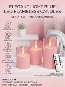 3件組粉色LED蠟燭，附遙控器與定時功能，閃爍暖光，電池供電，情人節、生日、婚禮、聖誕節理想禮物，適合臥室與餐廳裝飾 - 淺粉色 - 查看 7