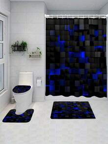 4pcs Geometric Square Pattern Shower Curtain Set, Shower Curtain With 12 Hooks, Non-Slip Bath Mat, U-Shaped Toilet Mat, Toilet Mat, Bathroom Decoration Accessories - A - View 14