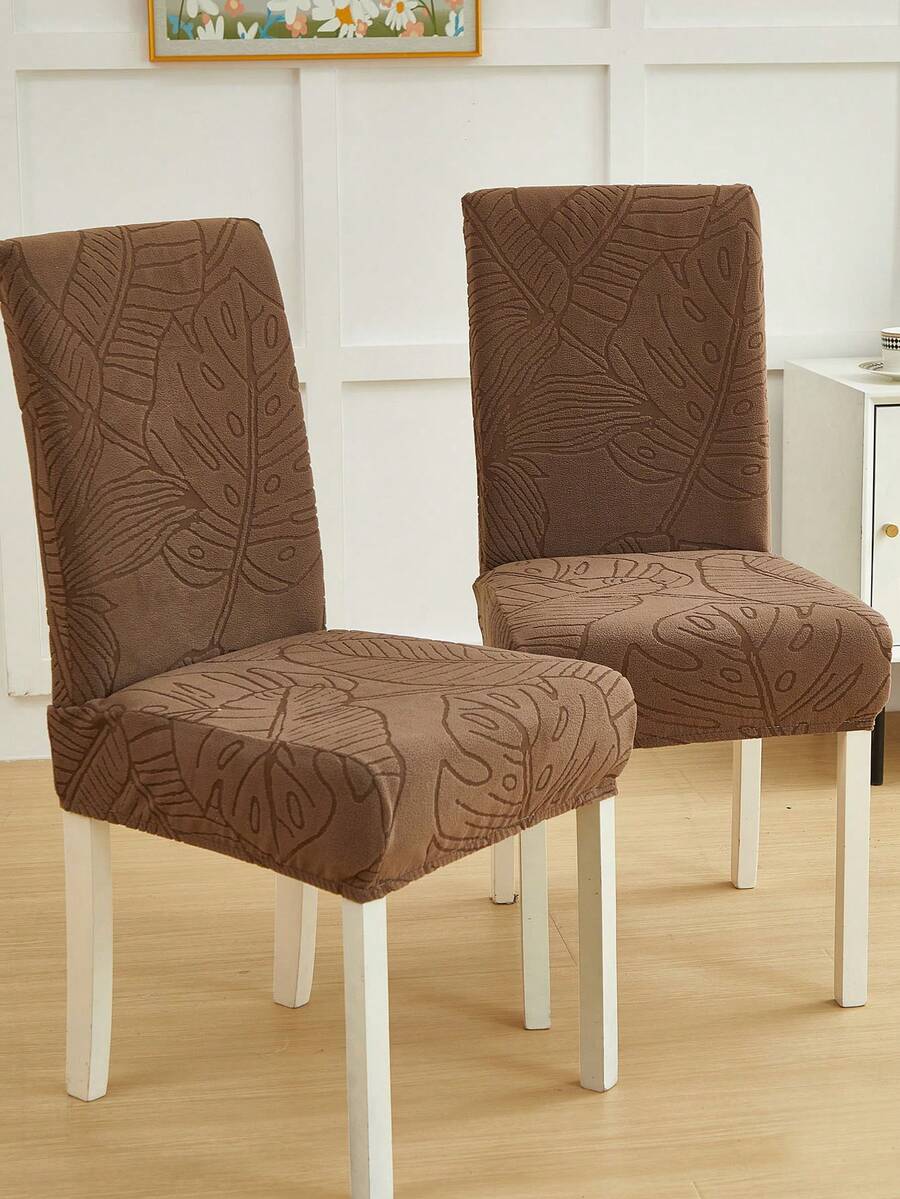Bộ 1/4/6/8 vỏ bọc ghế màu kaki có thể tháo rời, chất liệu nhung mềm mại với họa tiết lá cây, co giãn tốt, phù hợp cho ghế phòng ăn, phòng khách và phòng ngủ. - Cà phê nâu - Xem 1