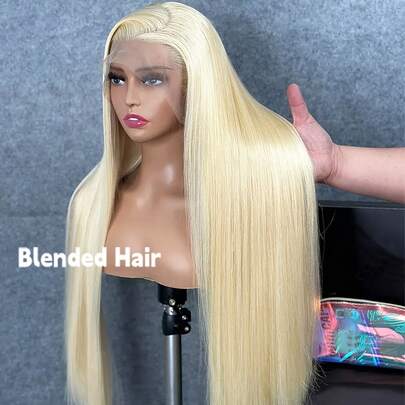 34英寸 613号金色直发 13x4 高清透明蕾丝前片混合真人发假发，女士巴西蕾丝前片假发，预先拔毛 613号色蕾丝前片假发