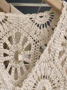 女士夏季波西米亚风钩针编织罩衫，手工镂空针织罩衫，喇叭袖设计，前系带，适合节日、海滩度假、母亲节礼物 - 杏色 - 查看 7