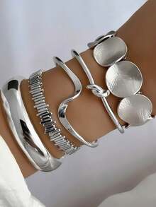 5pcs Vintage Exaggerated Luxurious Geometric Design Wide Metal Silver Bangle Set, Suitable For Daily Wear And Gift - Silver - View 3