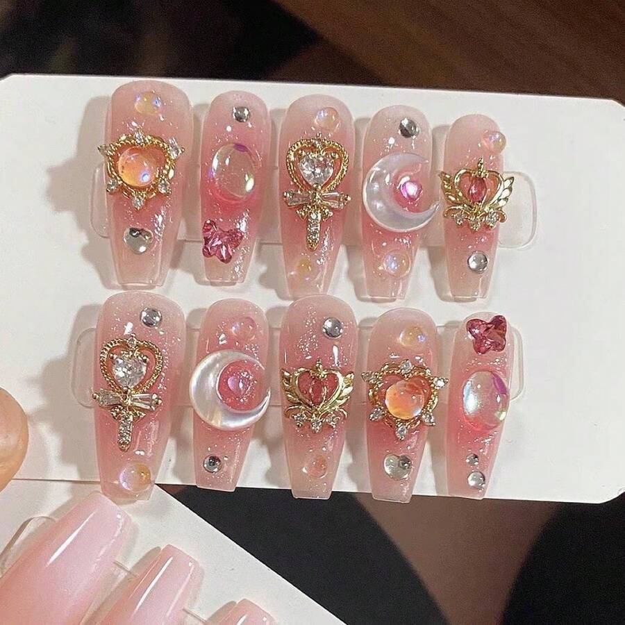 10pcs, Handmade Press-On Nails, Japanese All-Match Pink Ultra-Glitter Mid-Step False Nails, Suitable For Spring And Summer Popular Pure Lust False Nails, Suitable For Daily Wear Of Ladies And Girls, Reusable False Nails Supplies. - Rosa - Visa 1