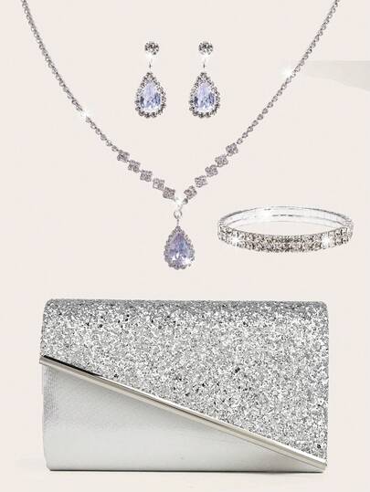 四件套首饰套装，闪亮项链、耳环和手链组合，女士晚宴手拿包，翻盖优雅手提包，浪漫婚礼风格新娘包，正式舞会手拿包，优雅晚礼服包，完美适用于派对、婚礼、舞会、盛大场合，可搭配节日派对服装