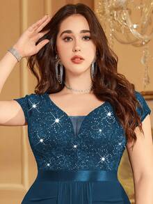 Plus Deep V-Neck Sequin Lace Contrast Ruched Draped Front Mermaid Hem Evening Party Formal Dress - Dusty Blue - View 9