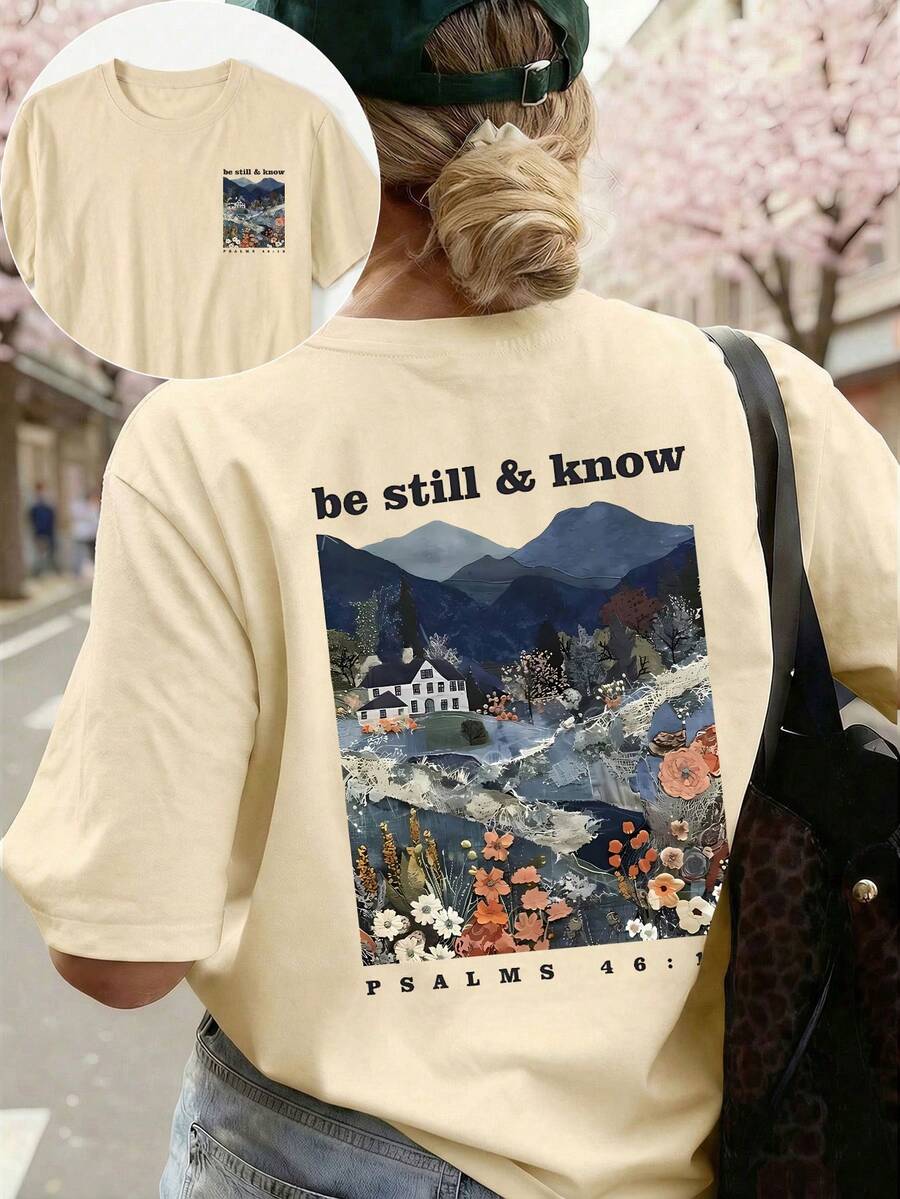 女士“安静并认识”圣经经文风景花卉图案字母印花圆领短袖T恤，复古艺术休闲上衣，时尚百搭，适合春夏穿着，适合日常通勤、教堂礼拜和短途旅行，具有基督教主题。 - 卡其色 - 查看 1