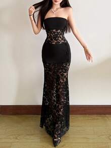 YeonC 女士性感无肩带修身长裙，精致蕾丝装饰半透明鱼尾裙摆，弹力优雅派对礼服 - 黑色 - 查看 5